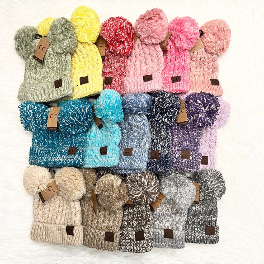 C.C Mix Knit Double Pom Beanie for Adults, Warm Hat, Winter Beanies, Pom Pom Hat
